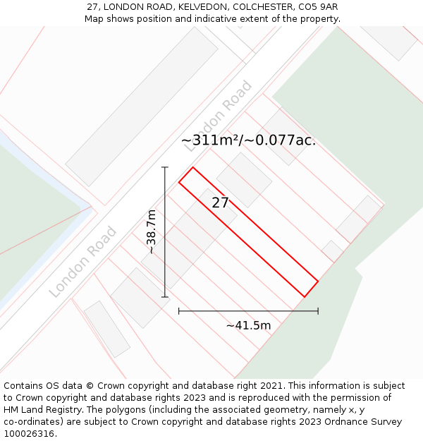 27, LONDON ROAD, KELVEDON, COLCHESTER, CO5 9AR: Plot and title map