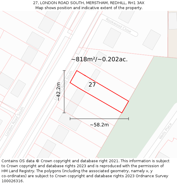 27, LONDON ROAD SOUTH, MERSTHAM, REDHILL, RH1 3AX: Plot and title map