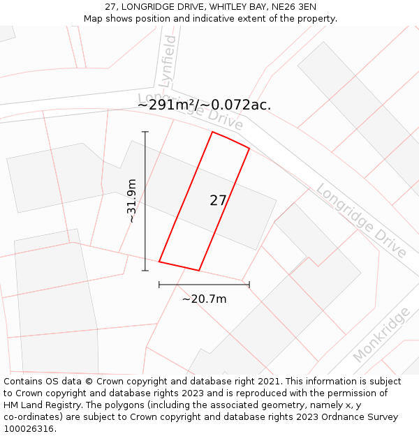 27, LONGRIDGE DRIVE, WHITLEY BAY, NE26 3EN: Plot and title map