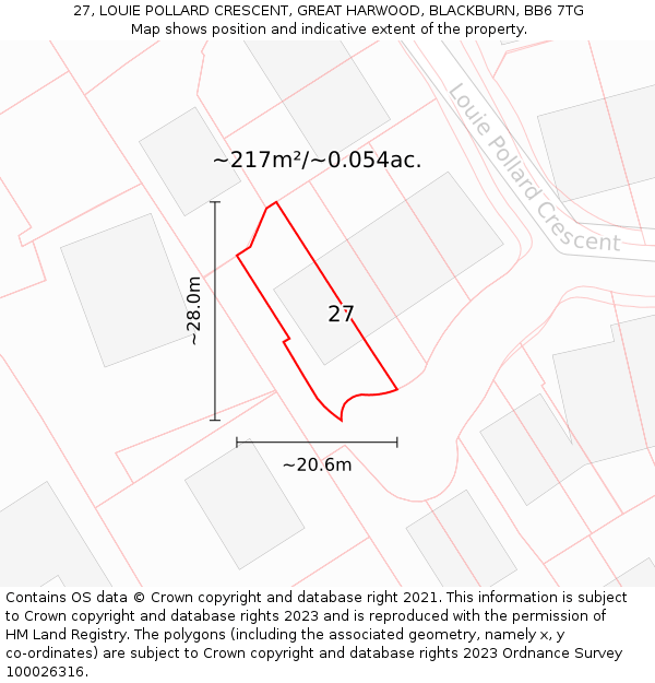 27, LOUIE POLLARD CRESCENT, GREAT HARWOOD, BLACKBURN, BB6 7TG: Plot and title map