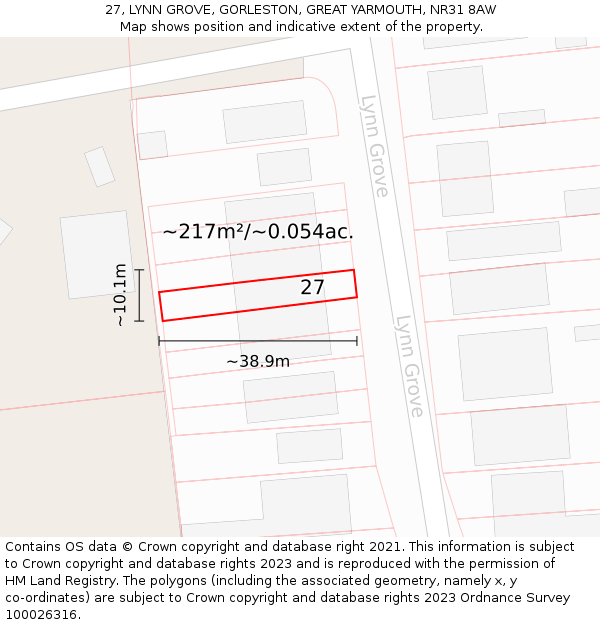 27, LYNN GROVE, GORLESTON, GREAT YARMOUTH, NR31 8AW: Plot and title map