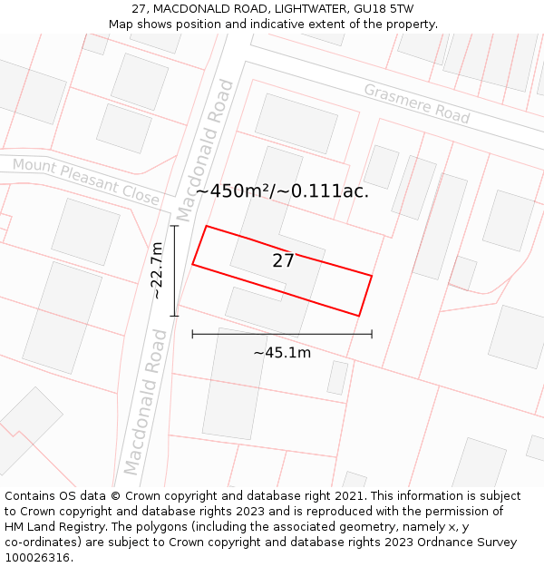 27, MACDONALD ROAD, LIGHTWATER, GU18 5TW: Plot and title map