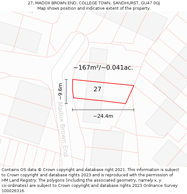 27, MADOX BROWN END, COLLEGE TOWN, SANDHURST, GU47 0GJ: Plot and title map