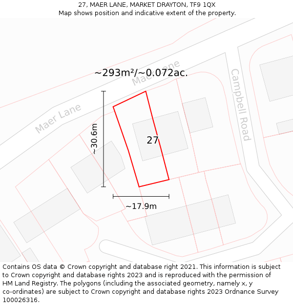 27, MAER LANE, MARKET DRAYTON, TF9 1QX: Plot and title map