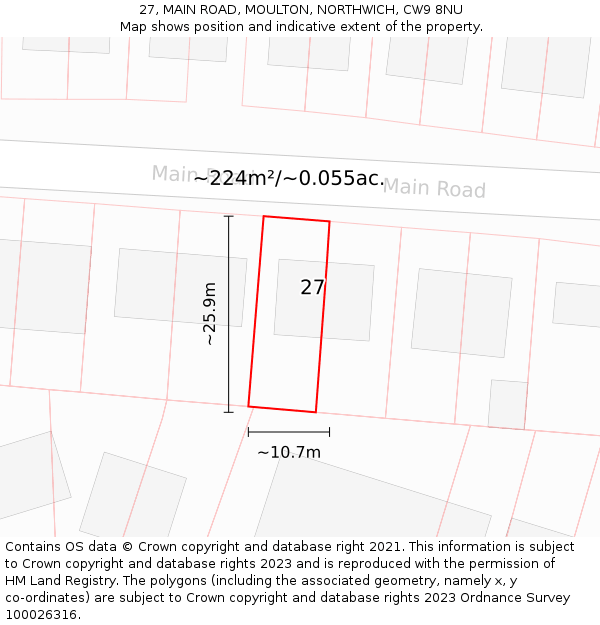 27, MAIN ROAD, MOULTON, NORTHWICH, CW9 8NU: Plot and title map