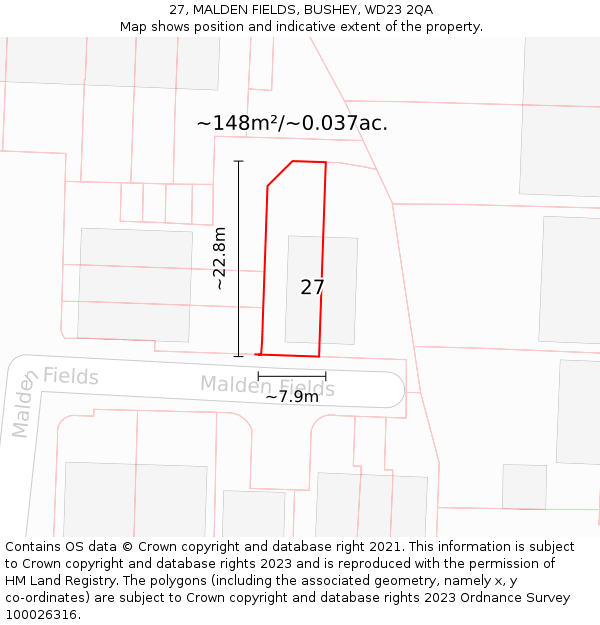 27, MALDEN FIELDS, BUSHEY, WD23 2QA: Plot and title map