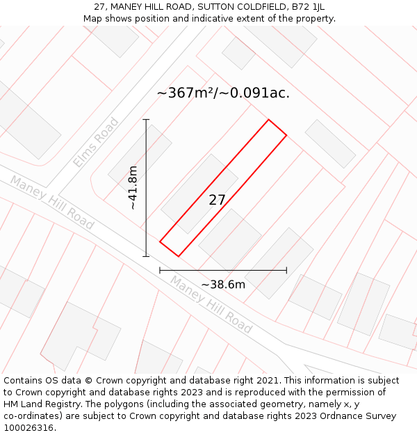 27, MANEY HILL ROAD, SUTTON COLDFIELD, B72 1JL: Plot and title map