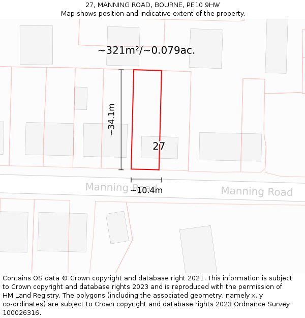 27, MANNING ROAD, BOURNE, PE10 9HW: Plot and title map