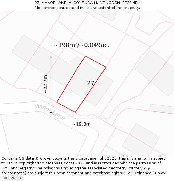 27, MANOR LANE, ALCONBURY, HUNTINGDON, PE28 4EH: Plot and title map