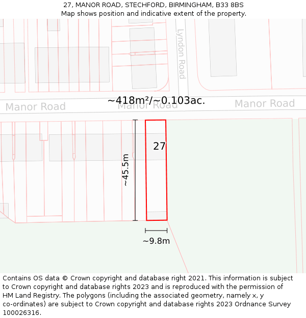 27, MANOR ROAD, STECHFORD, BIRMINGHAM, B33 8BS: Plot and title map