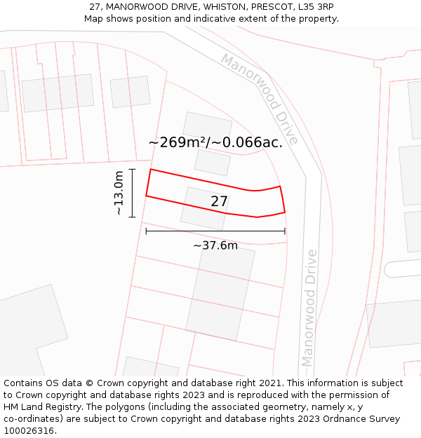 27, MANORWOOD DRIVE, WHISTON, PRESCOT, L35 3RP: Plot and title map