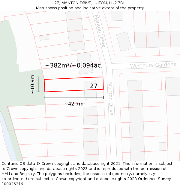 27, MANTON DRIVE, LUTON, LU2 7DH: Plot and title map