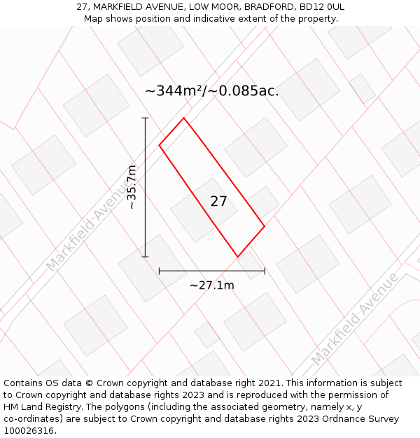 27, MARKFIELD AVENUE, LOW MOOR, BRADFORD, BD12 0UL: Plot and title map