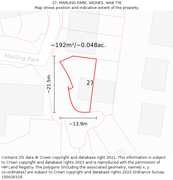 27, MARLING PARK, WIDNES, WA8 7YE: Plot and title map