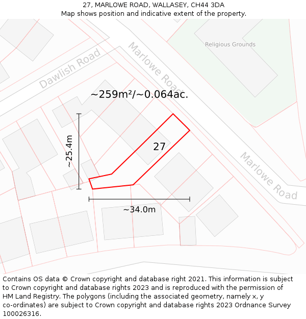 27, MARLOWE ROAD, WALLASEY, CH44 3DA: Plot and title map