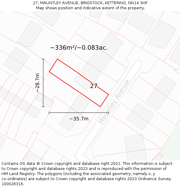 27, MAUNTLEY AVENUE, BRIGSTOCK, KETTERING, NN14 3HF: Plot and title map