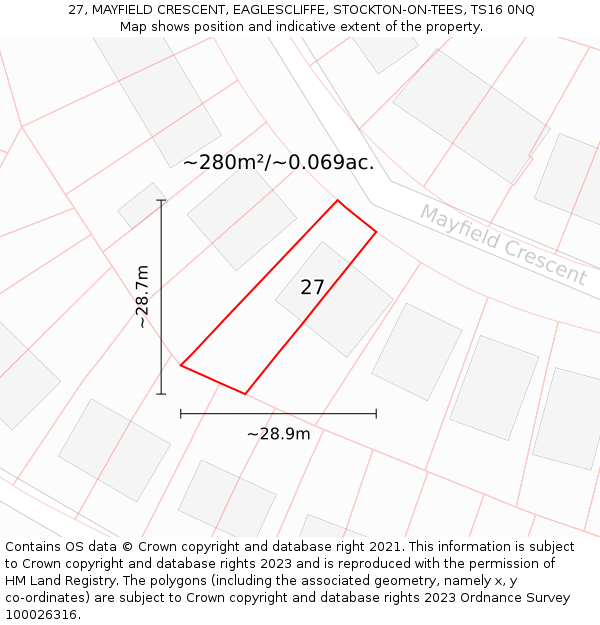 27, MAYFIELD CRESCENT, EAGLESCLIFFE, STOCKTON-ON-TEES, TS16 0NQ: Plot and title map