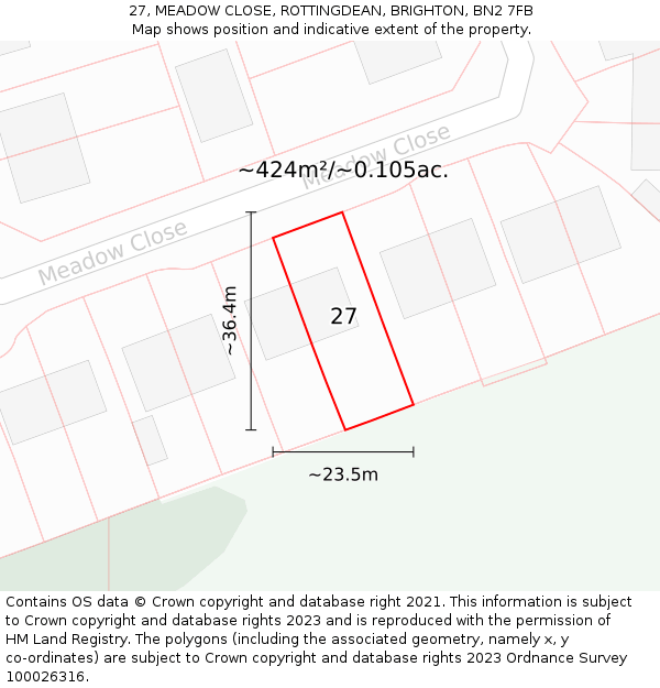 27, MEADOW CLOSE, ROTTINGDEAN, BRIGHTON, BN2 7FB: Plot and title map