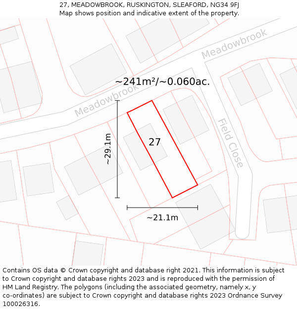 27, MEADOWBROOK, RUSKINGTON, SLEAFORD, NG34 9FJ: Plot and title map