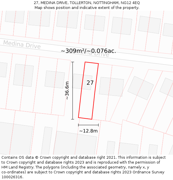 27, MEDINA DRIVE, TOLLERTON, NOTTINGHAM, NG12 4EQ: Plot and title map