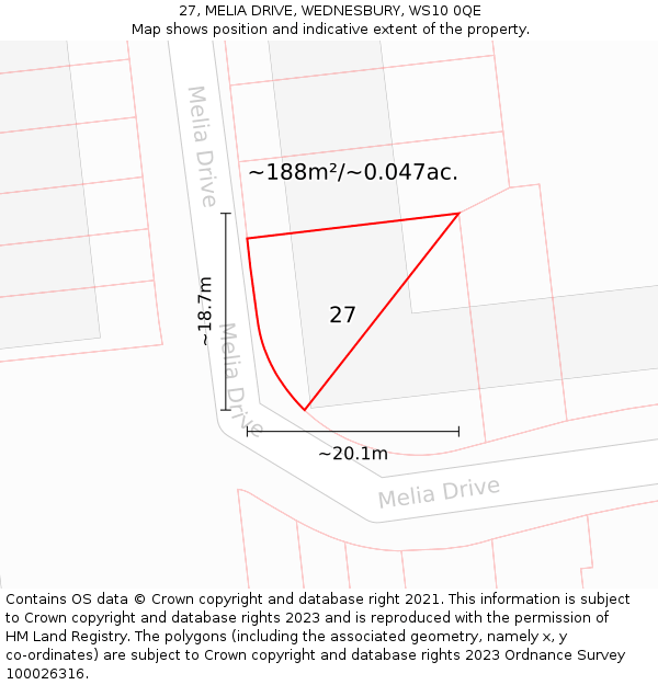 27, MELIA DRIVE, WEDNESBURY, WS10 0QE: Plot and title map