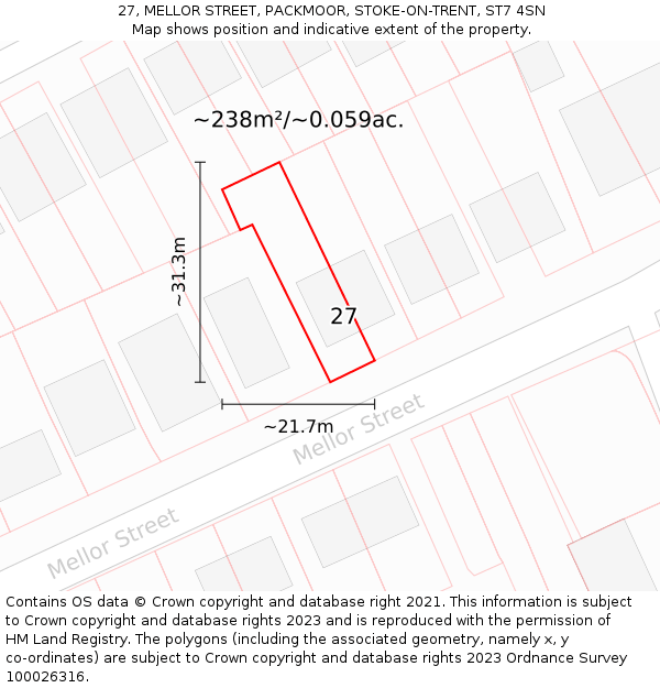 27, MELLOR STREET, PACKMOOR, STOKE-ON-TRENT, ST7 4SN: Plot and title map