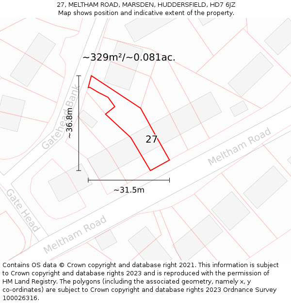 27, MELTHAM ROAD, MARSDEN, HUDDERSFIELD, HD7 6JZ: Plot and title map