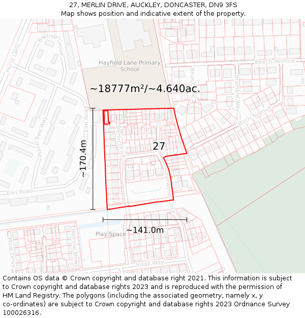 27, MERLIN DRIVE, AUCKLEY, DONCASTER, DN9 3FS: Plot and title map