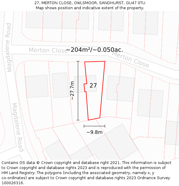 27, MERTON CLOSE, OWLSMOOR, SANDHURST, GU47 0TU: Plot and title map