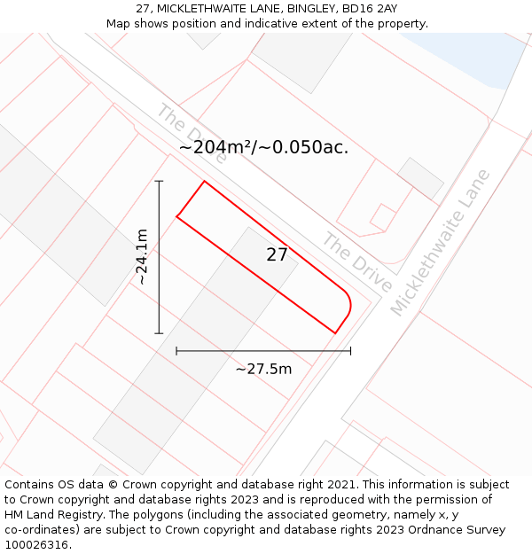 27, MICKLETHWAITE LANE, BINGLEY, BD16 2AY: Plot and title map