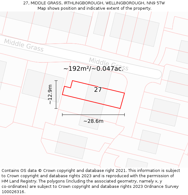 27, MIDDLE GRASS, IRTHLINGBOROUGH, WELLINGBOROUGH, NN9 5TW: Plot and title map