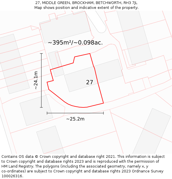 27, MIDDLE GREEN, BROCKHAM, BETCHWORTH, RH3 7JL: Plot and title map