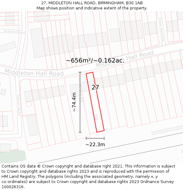 27, MIDDLETON HALL ROAD, BIRMINGHAM, B30 1AB: Plot and title map