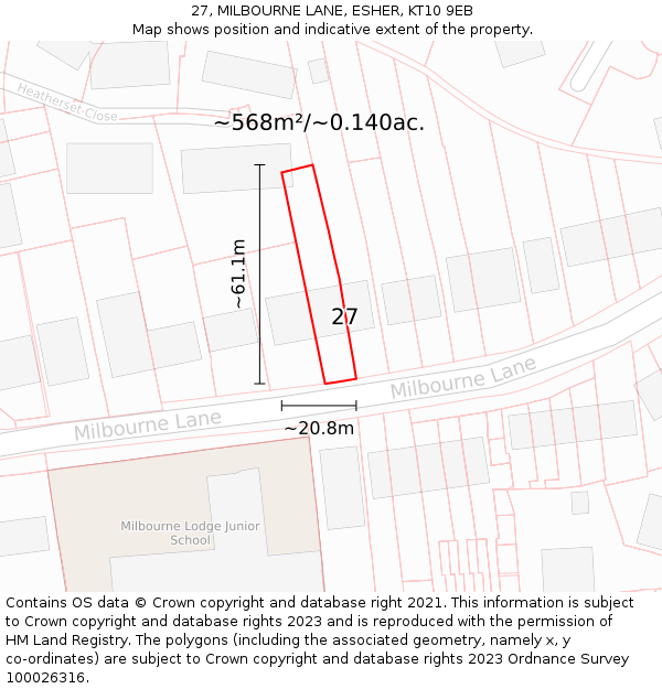 27, MILBOURNE LANE, ESHER, KT10 9EB: Plot and title map