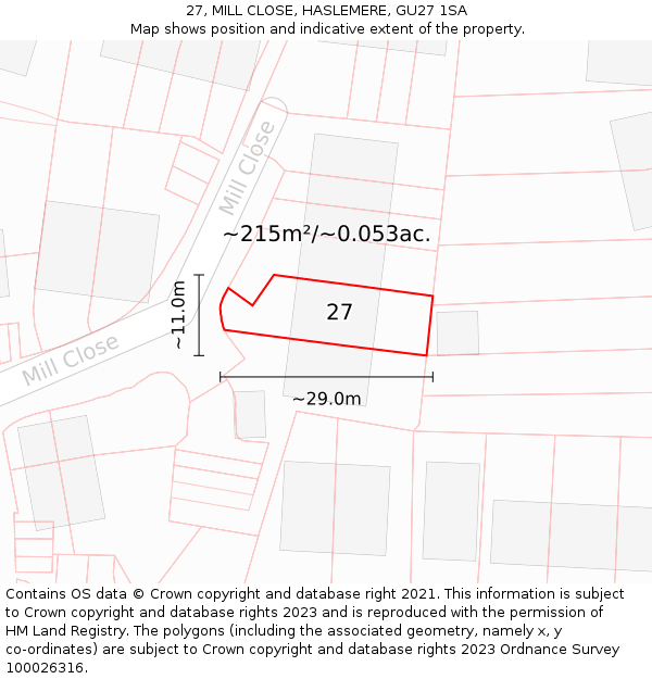 27, MILL CLOSE, HASLEMERE, GU27 1SA: Plot and title map