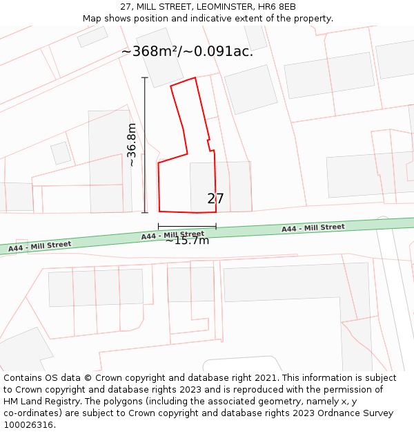 27, MILL STREET, LEOMINSTER, HR6 8EB: Plot and title map