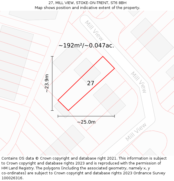 27, MILL VIEW, STOKE-ON-TRENT, ST6 8BH: Plot and title map