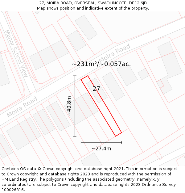 27, MOIRA ROAD, OVERSEAL, SWADLINCOTE, DE12 6JB: Plot and title map