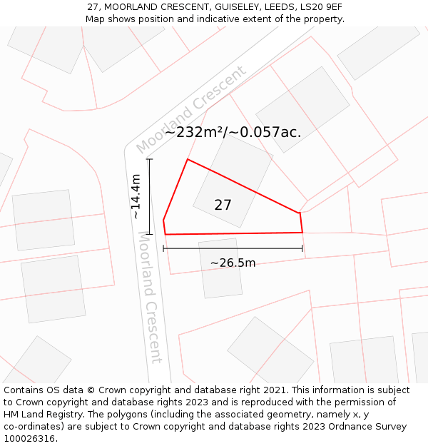 27, MOORLAND CRESCENT, GUISELEY, LEEDS, LS20 9EF: Plot and title map