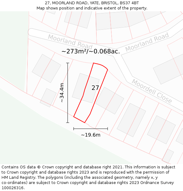 27, MOORLAND ROAD, YATE, BRISTOL, BS37 4BT: Plot and title map