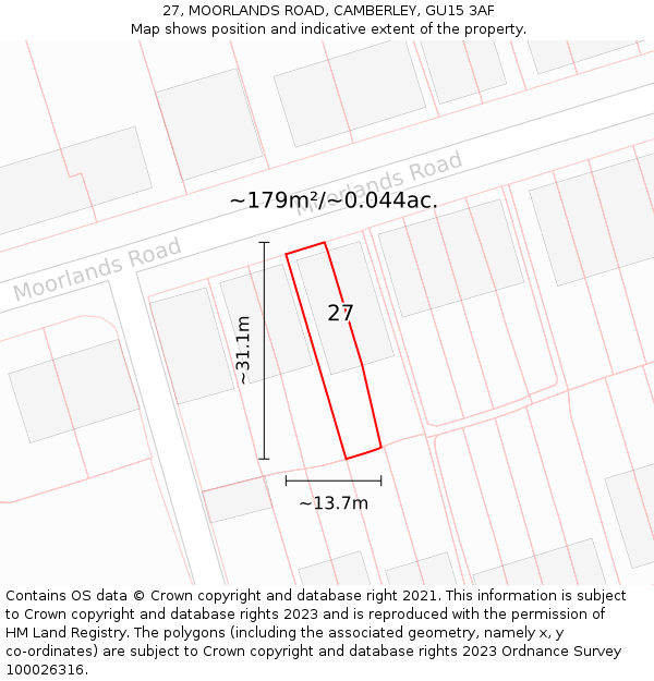 27, MOORLANDS ROAD, CAMBERLEY, GU15 3AF: Plot and title map