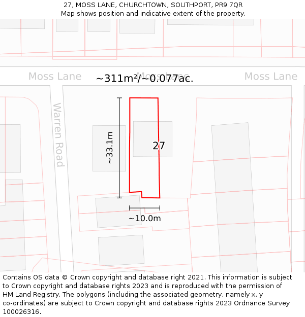 27, MOSS LANE, CHURCHTOWN, SOUTHPORT, PR9 7QR: Plot and title map