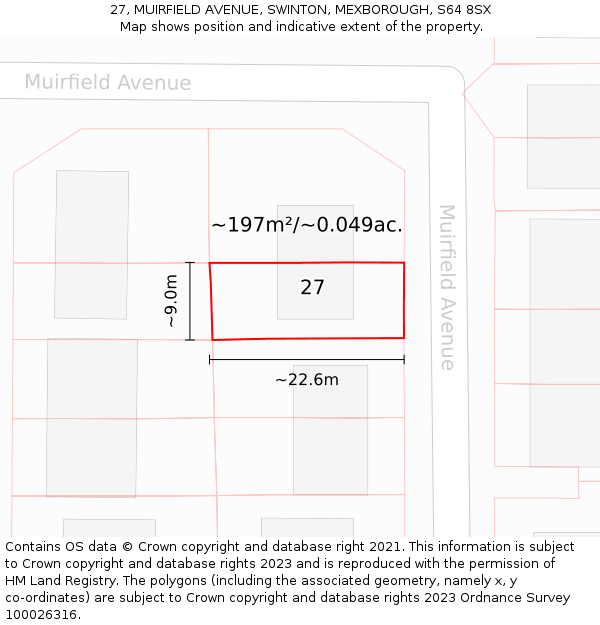 27, MUIRFIELD AVENUE, SWINTON, MEXBOROUGH, S64 8SX: Plot and title map