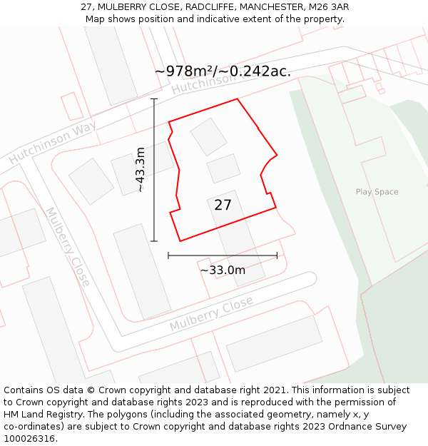 27, MULBERRY CLOSE, RADCLIFFE, MANCHESTER, M26 3AR: Plot and title map