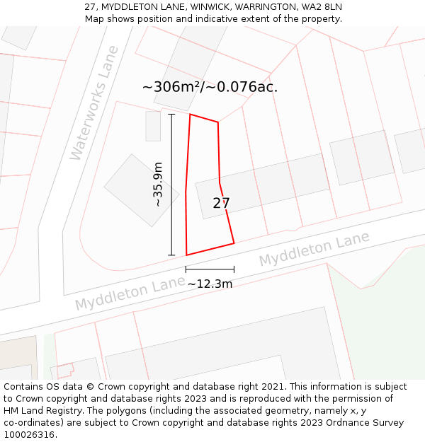 27, MYDDLETON LANE, WINWICK, WARRINGTON, WA2 8LN: Plot and title map