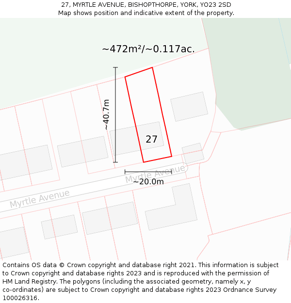 27, MYRTLE AVENUE, BISHOPTHORPE, YORK, YO23 2SD: Plot and title map