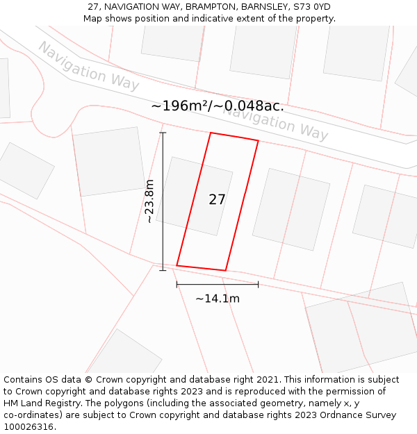 27, NAVIGATION WAY, BRAMPTON, BARNSLEY, S73 0YD: Plot and title map