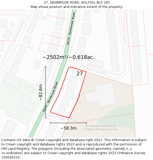 27, NEWBROOK ROAD, BOLTON, BL5 1EP: Plot and title map