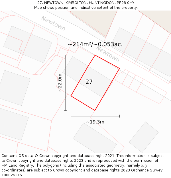 27, NEWTOWN, KIMBOLTON, HUNTINGDON, PE28 0HY: Plot and title map