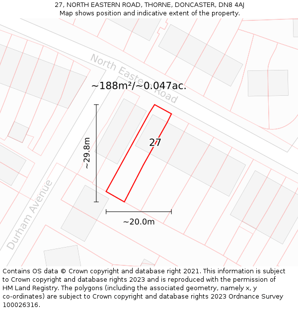 27, NORTH EASTERN ROAD, THORNE, DONCASTER, DN8 4AJ: Plot and title map